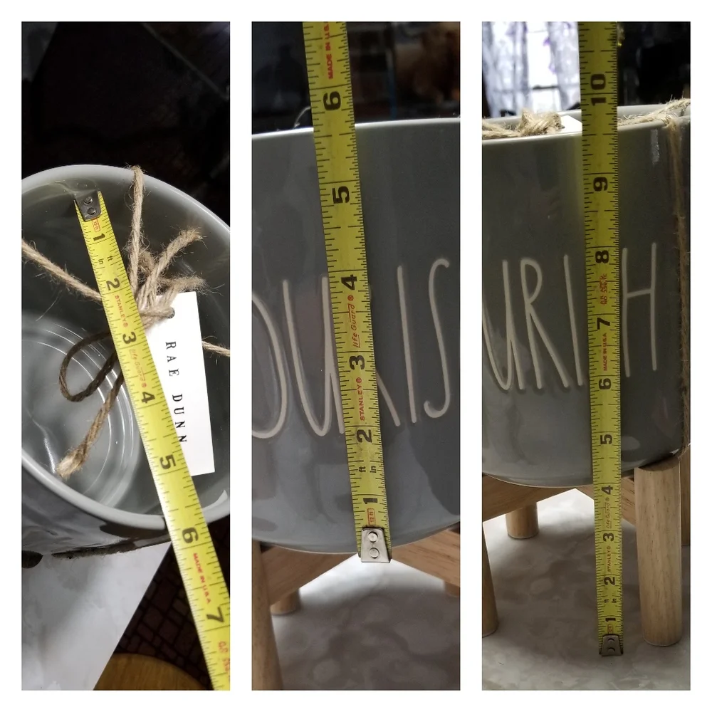 Rae Dunn ceramic Gray FLOURISH 5 1/2" planter with wood stand flower plant - Picture 5 of 5